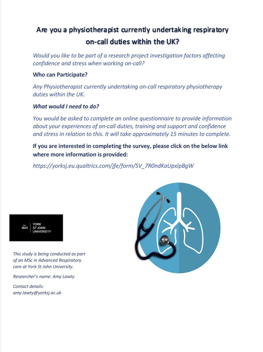 Are you a Physiotherapist currently undertaking respiratory on-call duties within the UK? Please check out the details below to participate in a questionnaire investigating on-call confidence and stress!

yorksj.eu.qualtrics.com/jfe/form/SV_7R…