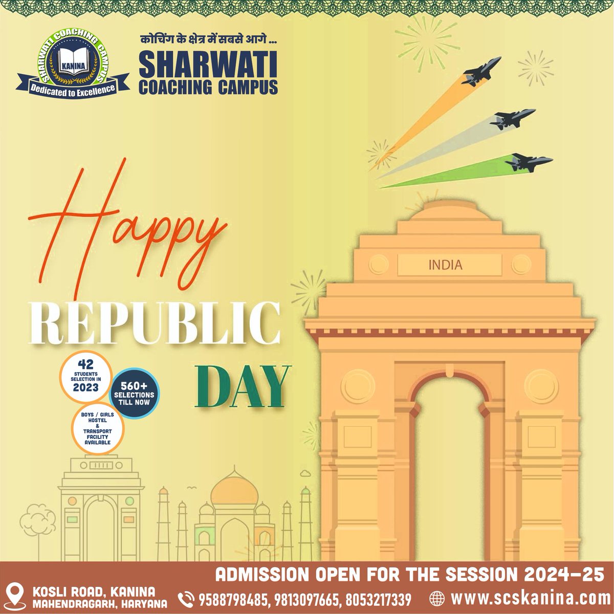 scckanina's tweet photo. #happyrepublicday
Happy Republic Day 
The Stength of a nation Lies  in the hands f its people and the future of india is bright and promising.
Keep learning with Sharwati Coaching Campus!
.
Sharwati Coaching Campus- Kanina, Haryana, India
Call us at 9813097665, 9588798485 https://t.co/8UvVSjII8H