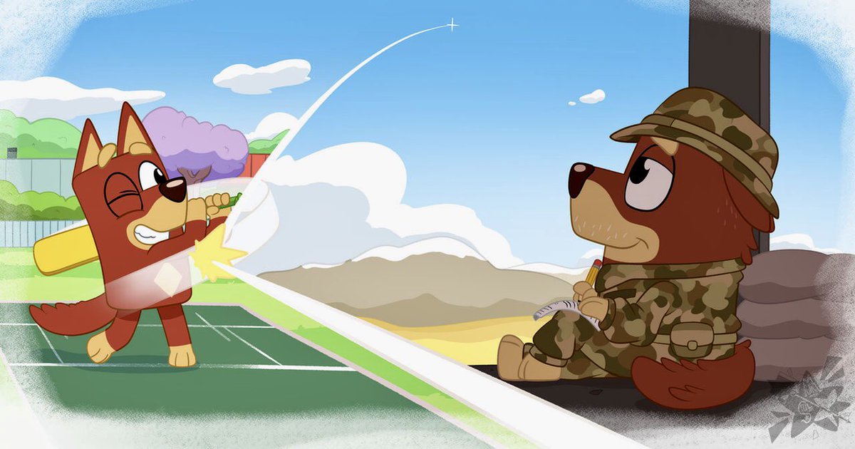 TnVol1999's tweet photo. Watched the Bluey Cricket episode tonight with Harrison. The episode featured Rusty staying busy playing Cricket, while his Dad is deployed overseas with the Australian Army 🇦🇺 I had a lot of dust in my eyes at the end. #Bluey #AustralianArmy #TheFeels #TheDiggers https://t.co/S8QZJHo4Bv