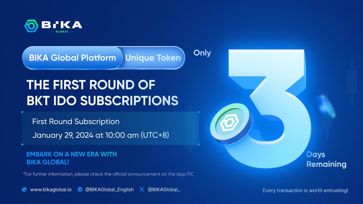 BIKAGlobal_'s tweet photo. 🚀 Only 3 Days Remaining For The First Round of #BKT #IDO Subscriptions
💫 Embark on a new era with BIKA Global!
⏰ : January 29, 2024 at 10:00 am (UTC+8)
#BIKAGlobal #TokenScript https://t.co/B64z6AVBzn https://t.co/JutLAiA2NP