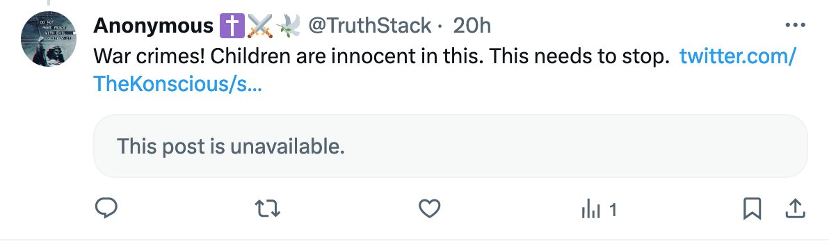 TruthStack's tweet photo. @Bernlennials @AIPAC @elonmusk Why does X #lie and say #thispostisunavailable when it is. It tricks people psychologically in not clicking. Please fix this. https://t.co/T8nSBhf0qc