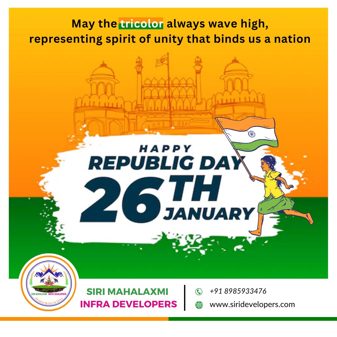 Happy 75th Republic Day 

May the tricolor always wave high, representing spirit of unity that binds us a nation

#sirimahalaxmiinfradevelopers
#75threpublicdayindia #india #75thbharath