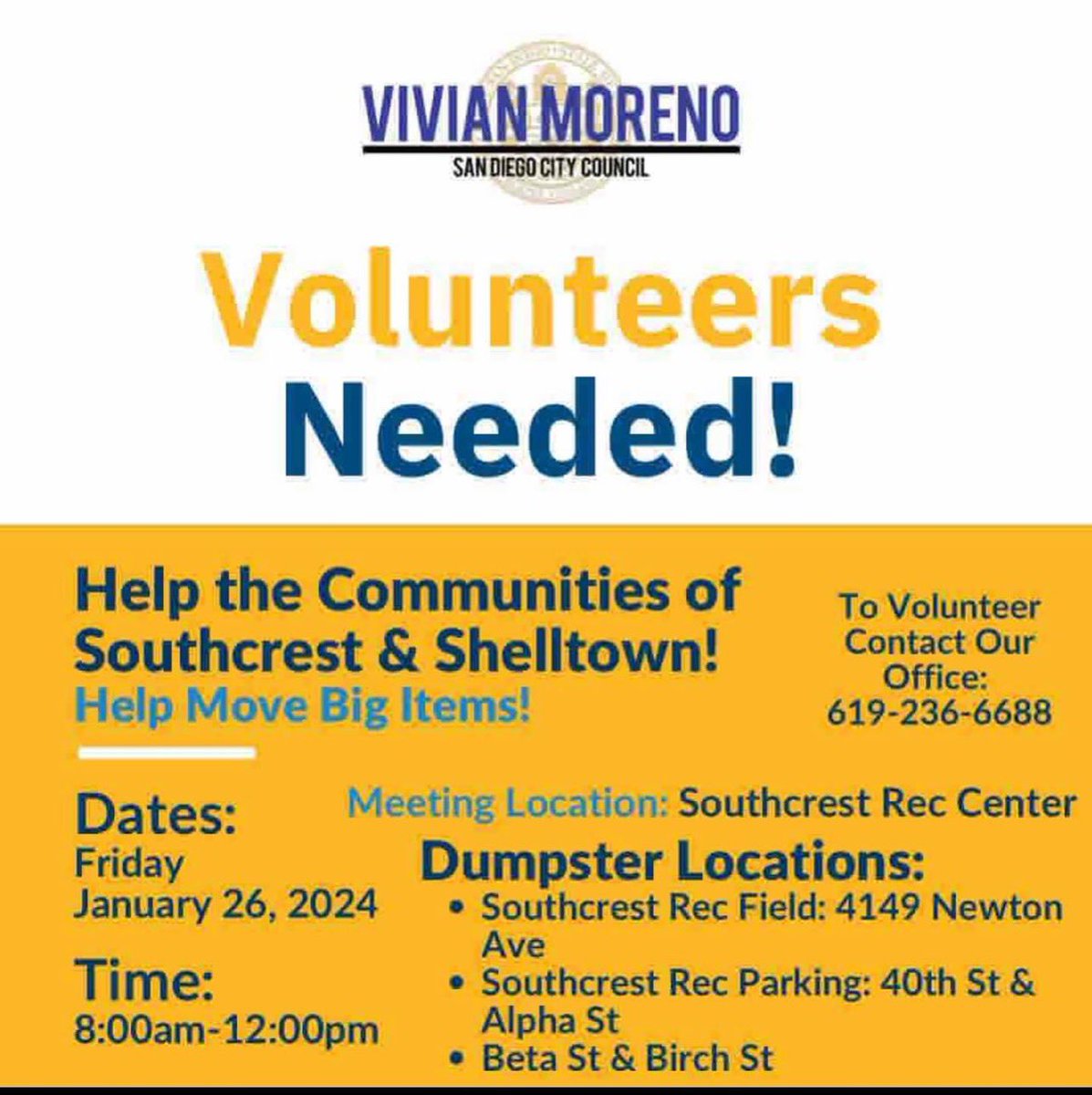 SDLaborCouncil's tweet photo. Volunteers Needed!! Help the Communities of #Southcrest & #Shelltown tomorrow Friday January 26 from 8-12pm! Contact the office of @vivianmorenosd to volunteer at 619-236-6688! #CD8 https://t.co/Qi1BXFGL5N