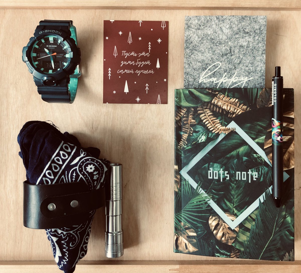 Everyday carry kit.
#edc #everydaycarry #gshocklover #notebook #bandana #flashlight