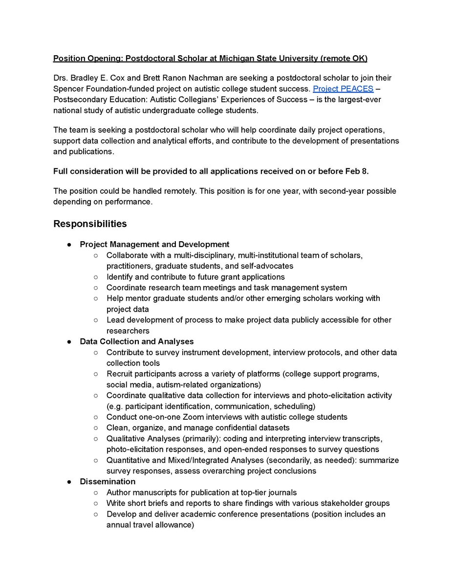 I am posting this for @bnachmanreports and Brad Cox. They are hiring a Postdoc for next year to work on their PEACES (Postseconday Education: Autistic Collegians' Experiences of Success) project. If you or someone you know may be interested, please see the attached flyer.