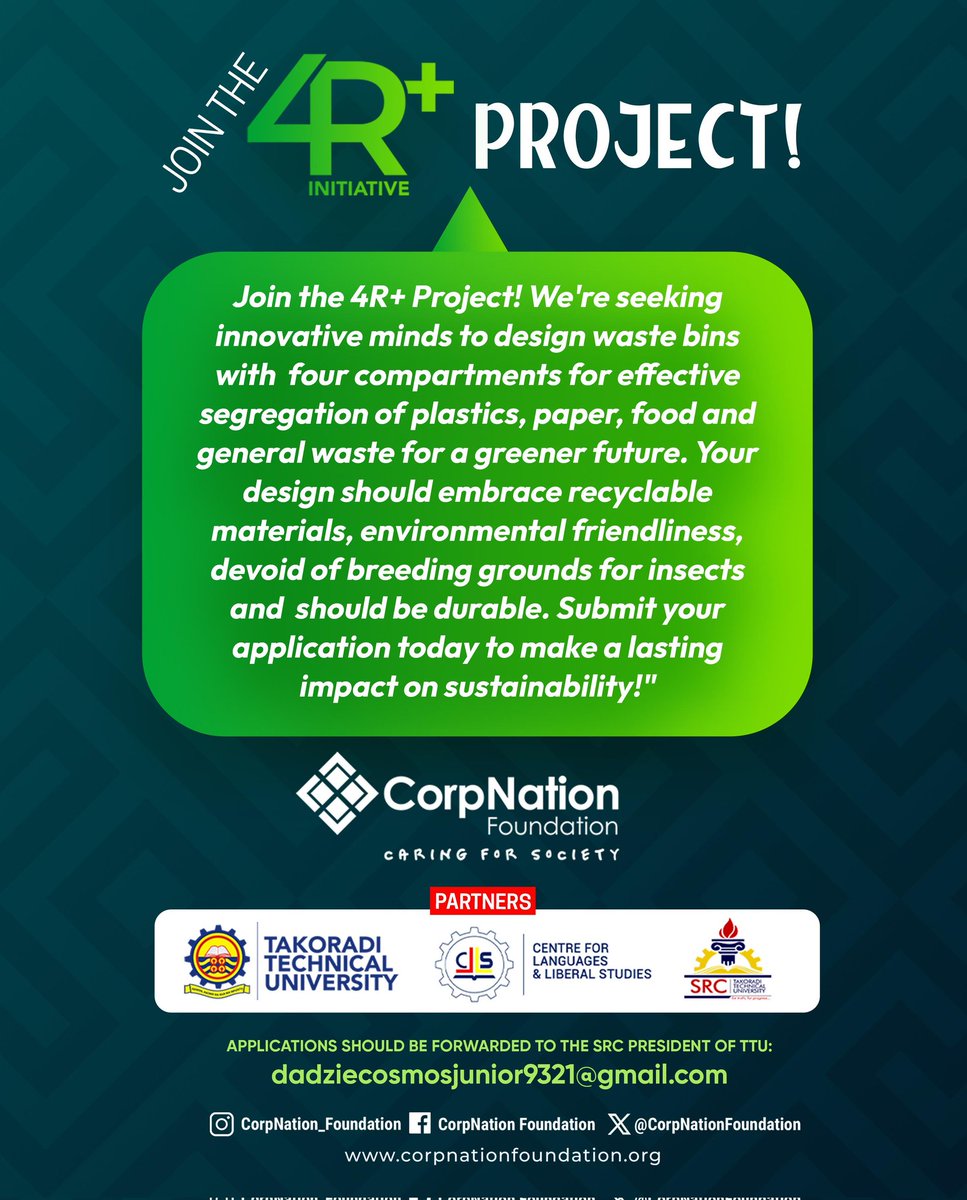 ttusrc_'s tweet photo. The 4R+initiative is here, offering all innovative minds of TTU the chance to unleash your inventing potentials. Join the challenge now and be part of the sustainable revolution. 

All applications must be directed to dadziecosmosjunior9321@gmail.com
#WoDaaDa https://t.co/ygqESKnSFL