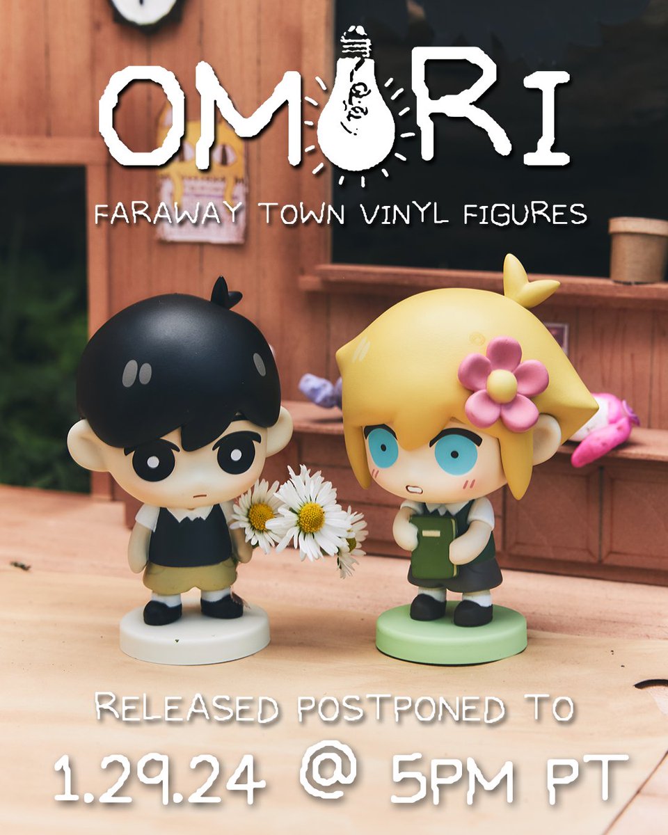 due to the global strike for permanent ceasefire in Gaza, the OMORI (FARAWAY TOWN) vinyl figure collection release will be postponed until 1.29.24 @ 5PM PT! thank you for understanding! you can learn more about the situation in Gaza here: aljazeera.com/tag/israel-war…