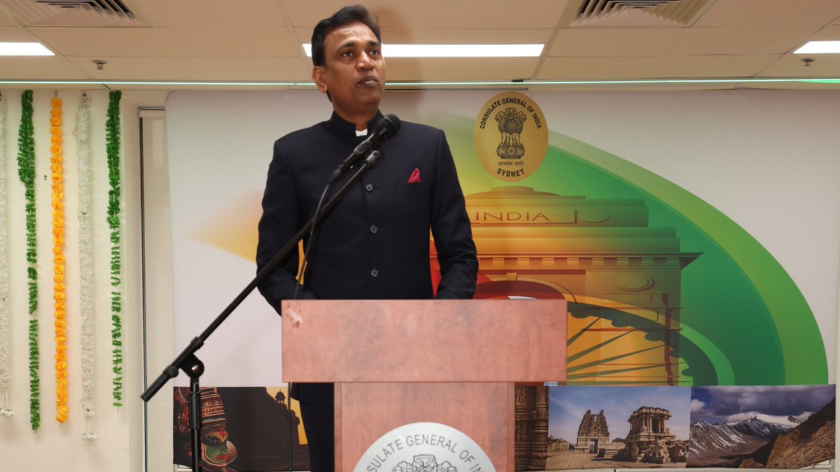 cgisydney's tweet photo. The #75thRepublicDayIndia was celebrated at the Consulate in Sydney. The Tricolour was unfurled by CG Dr S Janakiraman followed by playing of National Anthem. CG read out hon'ble Rastrapathiji's message.  Celebrations include cultural performances by  Indian community in Sydney. https://t.co/UG0kTCqNYj