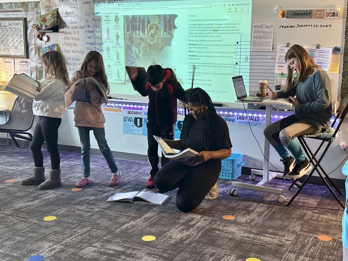 AngieShortledge's tweet photo. Our class had a blast learning about drama and acting out the story we were reading! We transformed rulers into swords, and clipboards into shields 😂 Luckily, Medusa did not turn anyone into stone either! @Independence_ES @TheTeacherRoom @KellerISD https://t.co/3YlpVPKHZU