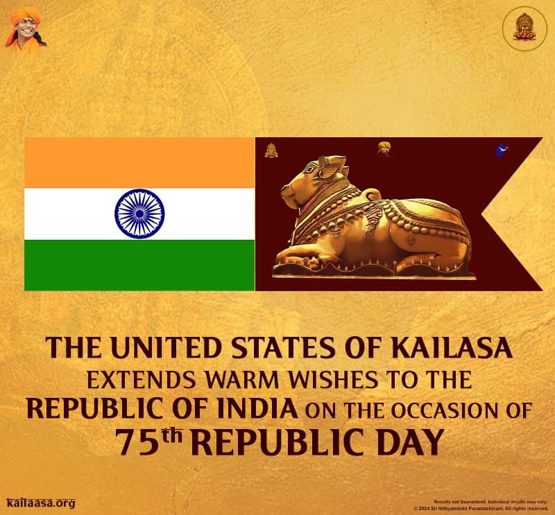 LES ÉTATS-UNIS DE KAILASA présentent leurs vœux chaleureux à la 🇮🇳 RÉPUBLIQUE DE L'INDE À L'OCCASION DU 75ème JOUR DE LA RÉPUBLIQUE ! 🎉🎊

#KAILASA #Nithyananda #RepublicDay #India75

Narendra Modi Amit Shah Dr S. Jaishankar PMO Inde