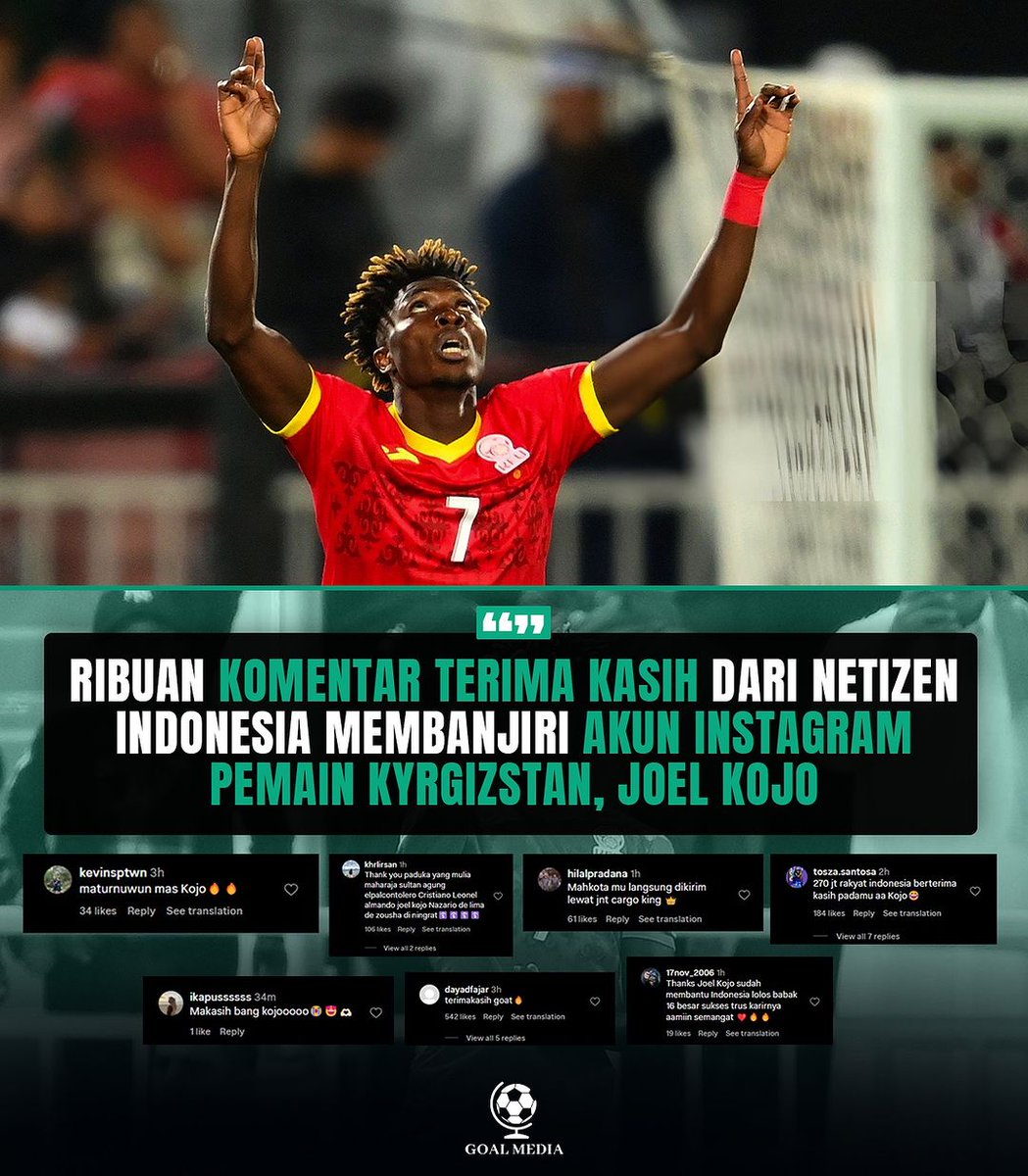 Netizen Indonesia membanjiri akun Instagram pemain Kyrgizstan dengan ucapan Terima Kasih kepada Joel Kojo yang mencetak gol ke gawang Oman yang membuat Timnas Indonesia lolos ke babak 16 besar Piala Asia untuk pertama kali 🇮🇩🇮🇩