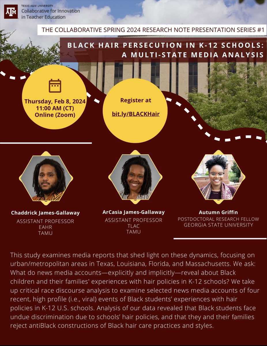 Consider joining us on Thurs, Feb 8 @ 11CT via Zoom to learn about a project @chaddgway, @AutumnAdia, and I did on Black students’ and their families’ experiences w/ penalization & persecution related to Black hair care styles & practices. Register @ bit.ly/BLACKHair