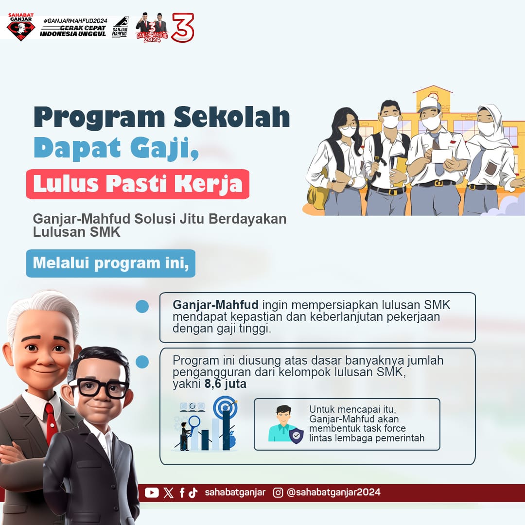Capres nomor urut tiga Ganjar Pranowo, mengumumkan program  "Lulus Sekolah Pasti Kerja" sebagai upaya untuk memastikan setiap lulusan memiliki peluang pekerjaan yg baik

Ganjar berhasil menerapkan program serupa selama dua periode kepemimpinannya di Jawa Tengah. 

#SahabatGanjar