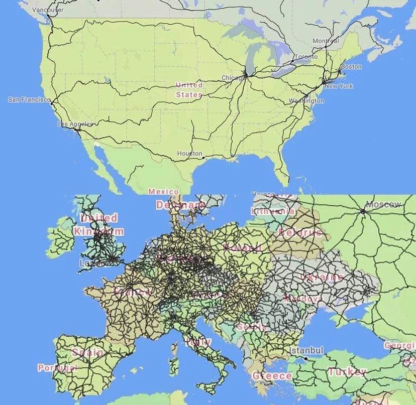 HumansNoContext's tweet image. Passenger train lines in the USA vs Europe