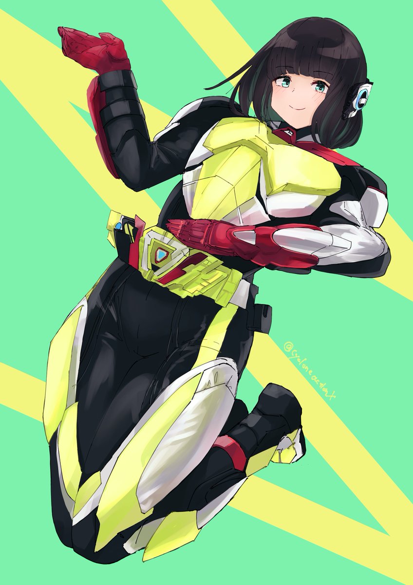 1girl solo black hair smile green eyes gloves looking at viewer  illustration images