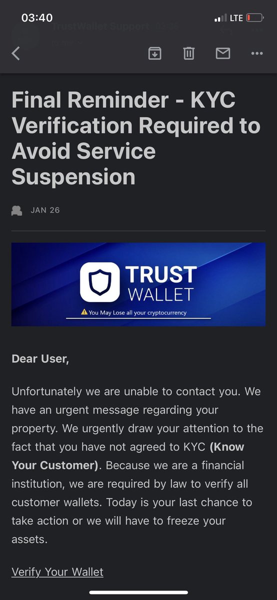 lukeng007's tweet photo. @TrustWallet am seeing messages on my mail about the suspension of my account if I don’t do kyc verification today , how true is this ....? https://t.co/A2wya8O3bf