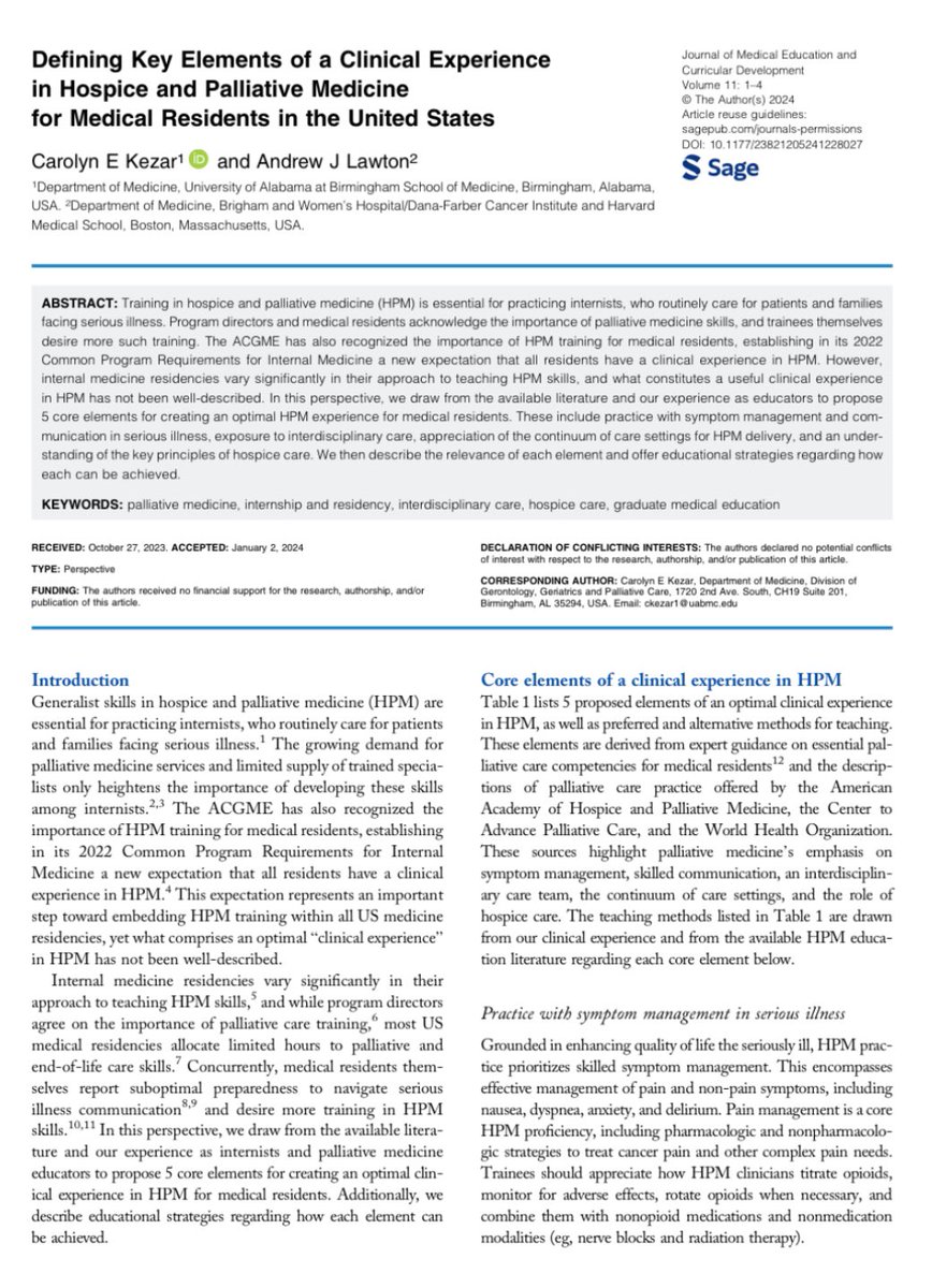 Recent @acgme guidelines require a #PalliativeCare clinical experience for all IM residents. So what should that look like? @CarolynKezar and I unpack that below…👇🏼 #MedEd #hapc #hpm @AAHPM @AAIMOnline journals.sagepub.com/doi/10.1177/23…