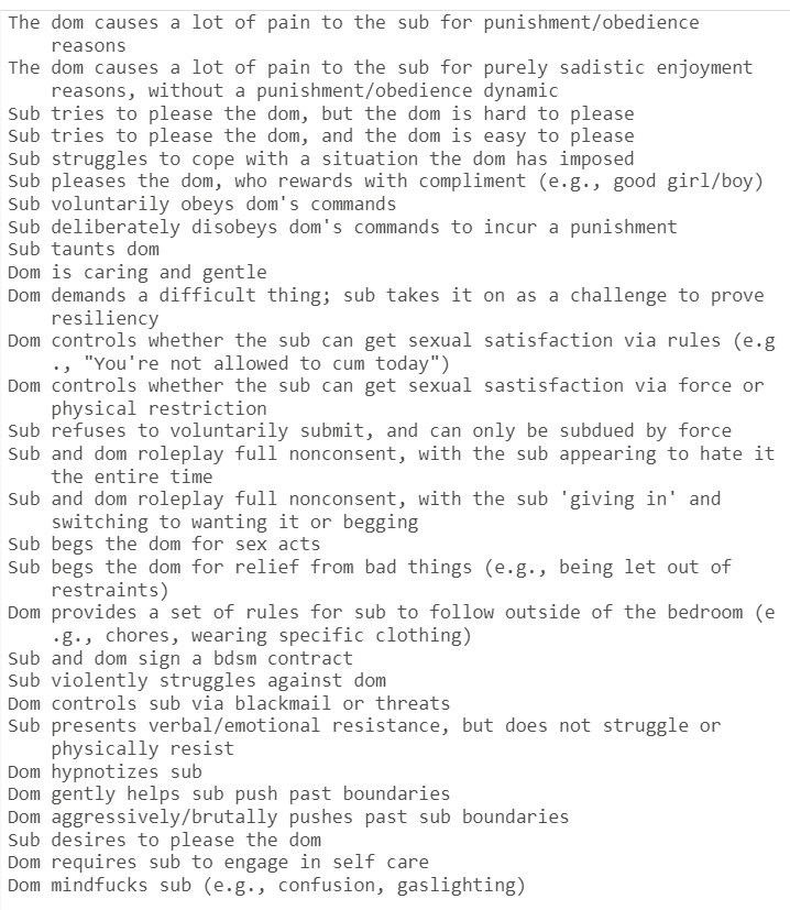 Aella_Girl's tweet photo. I'm working on a survey that looks at bdsm dynamics specifically. Here's my list of items so far, but I need help making sure I'm not missing anything. Any nuances I should add? Clarifications? More topics? Moods I'm failing to ask about? etc. ? https://t.co/d1TIu2JZDf