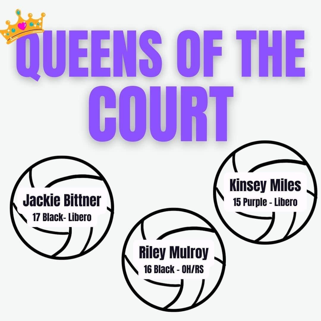 👑 QUEENS OF THE COURT👑 These players were chosen by their coaches for their great play, attitude &amp; energy this past weekend!! Looking forward to seeing many others throughout the season!! 🏐💜🖤