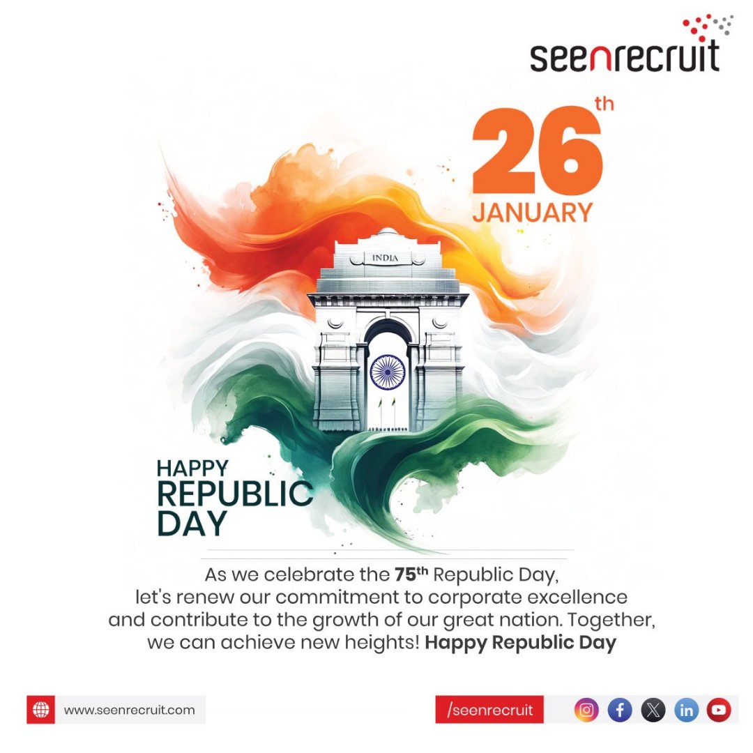 Wishing everyone a joyous 75th Republic Day celebration from the See & Recruit Family! 
Let's honour the spirit of India '  Mother of Democracy' and 'Viksit Bharat.' 

#seenrecruit #snrgrowing #wedowhatfitsyourculture
#unityindiversity #happyrepublicday #75threpublicdayindia