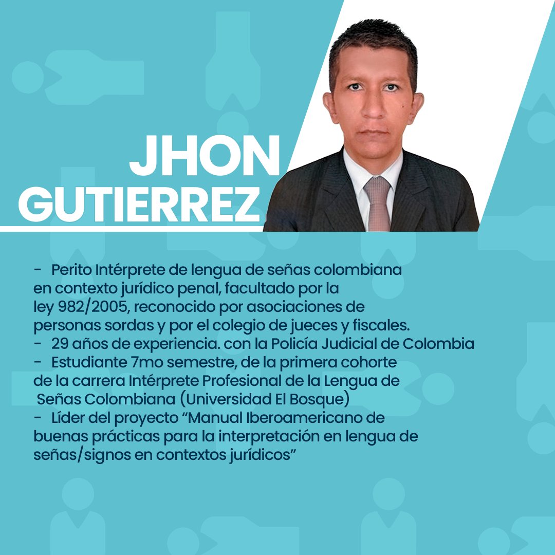 Intérprete de lengua de señas con una amplia experiencia en lo jurídico penal, Jhon Gutierrez.
Con amplio conocimiento académico y profesional que le permite desempeñarse con profesionalismo y ética en este campo comprometido por la defensa de los derechos de las personas sordas.