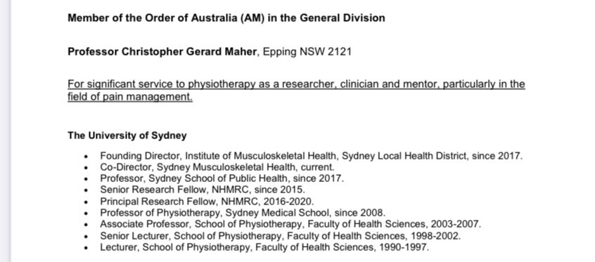 Very pleased to see my boss & mentor @CGMMaher awarded an AM. Recognition of years of excellence, leadership & generosity, many more to come. I’m sure our colleagues at @msk_health @SydneyMSK @syd_health @Sydney_Uni @SydneyLHD @SydneyResearch @apaphysio @AAHMS_health share my joy