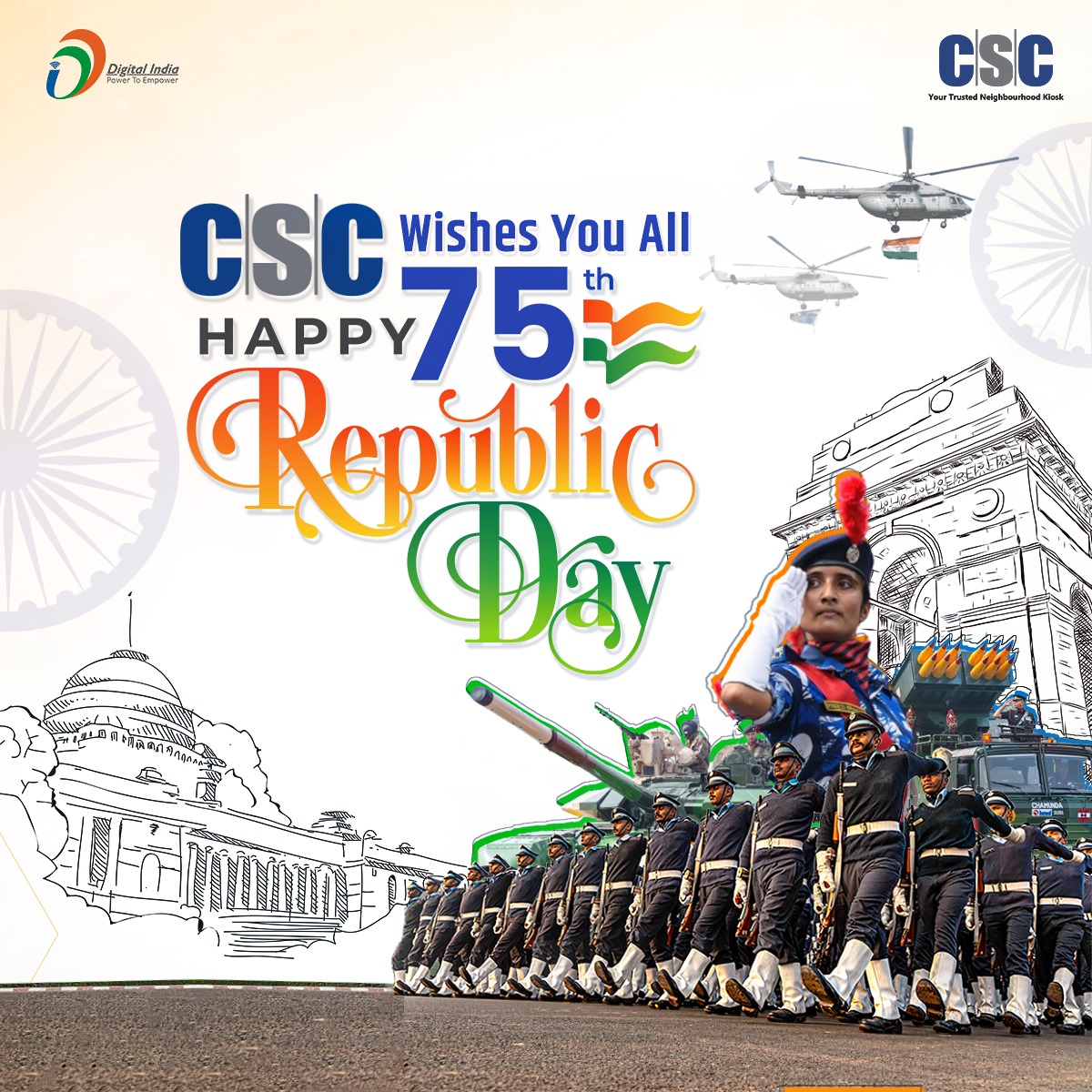 CSCegov_'s tweet photo. On this  75th Republic Day, let us celebrate the bonds that unite us and work towards a harmonious and inclusive future for our country.

#CSC wishes you all a Happy Republic Day!

#DigitalIndia #RepublicDay2024 #RepublicDay #26January2024 #26जनवरी #75thRepublicDay #गणतंत्र_दिवस https://t.co/iqKDHaCJ9u
