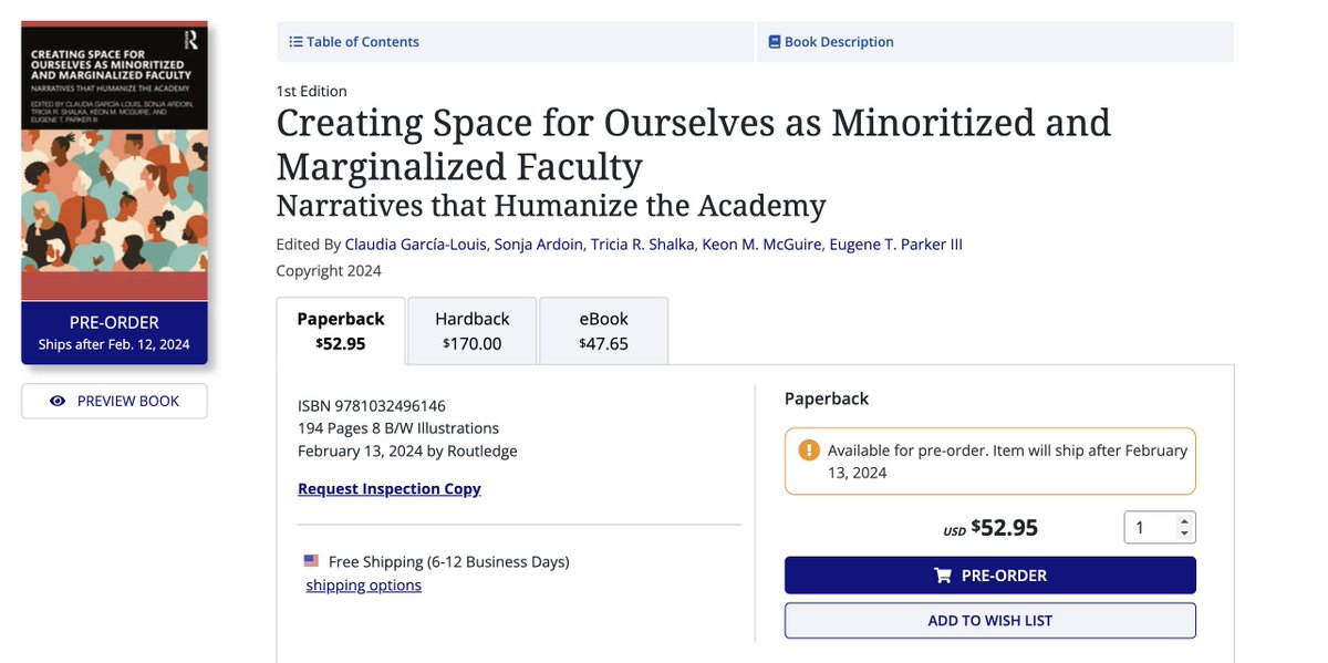 Incredibly excited for this book; the collaboration with @cgarcialouis, @triciashalka, @YngBlkScholar, & @GeneTParkerIII; and chapters by @DrBreeden, Aeriel Ashlee, @DrBritWilliams, & @DraDelmaRamos, @DrJKWallace. You can pre-order: routledge.com/Creating-Space… #HigherEd #FacultyLife