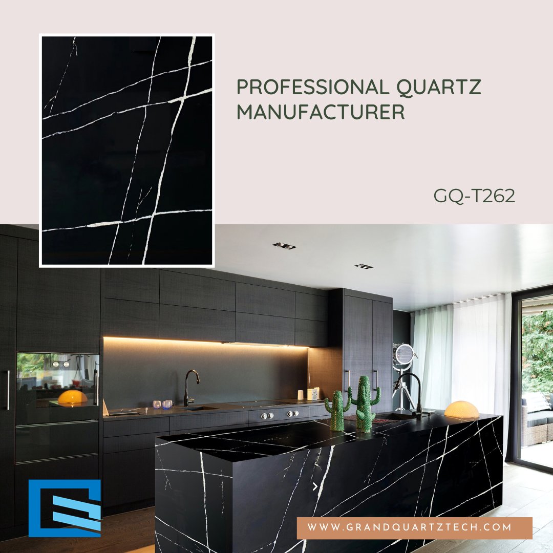 Black  quartz countertops are versatile and can be used in a variety of  kitchen styles, from traditional to modern. Quality black quartz GQ-T262  kitchen countertop surface project wholesale. #blackquartz #quartzcountertop #quartzisland #kitchencabinets #quartzkitchen