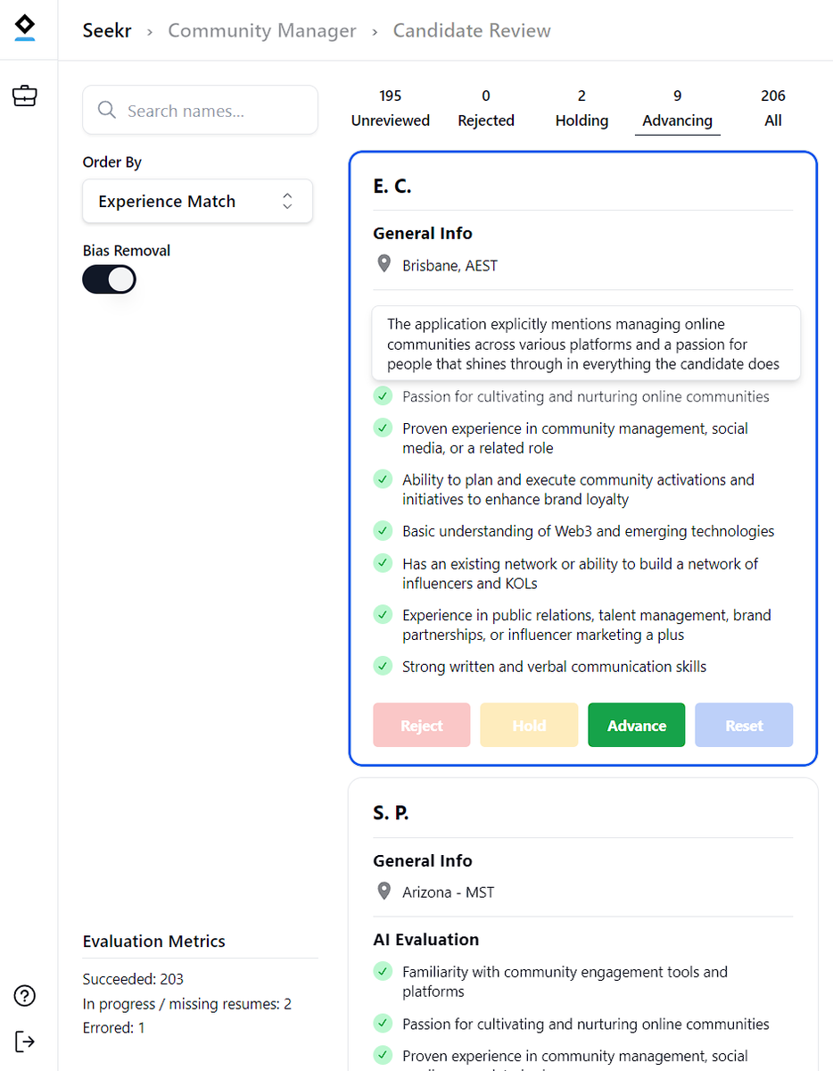MorganStoneee's tweet photo. This is just one of many reasons why @Seekr_io stomps the competition ⬇️

Our integration with @endorsed_ai just cut back my typical sourcing &amp; outreach flow from 2+ hours to less than 30 minutes.

We save time &amp; our clients get highly-aligned candidates way quicker.

Win-Win. https://t.co/ab5kJ4OeCz