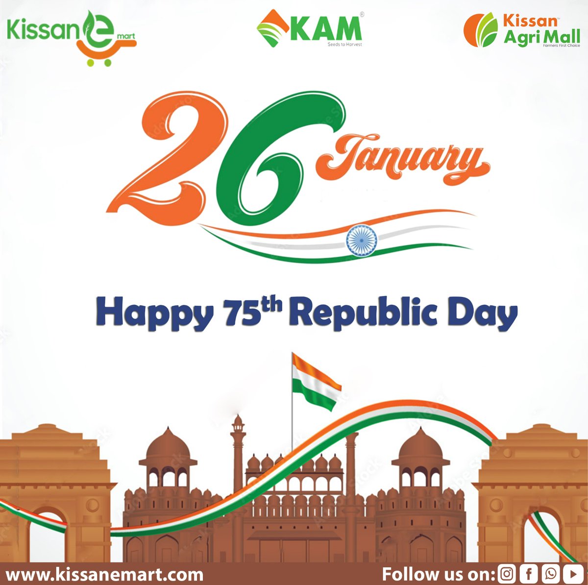 Let's celebrate the glory of our nation and honor the sacrifices of those who fought for our freedom. Wishing you a Happy Republic Day!

#republicday 
#republicindia 
#happyrepublicday 
#kissanagrimall 
#kissanemart 
#indianfarmers 
#agriculture