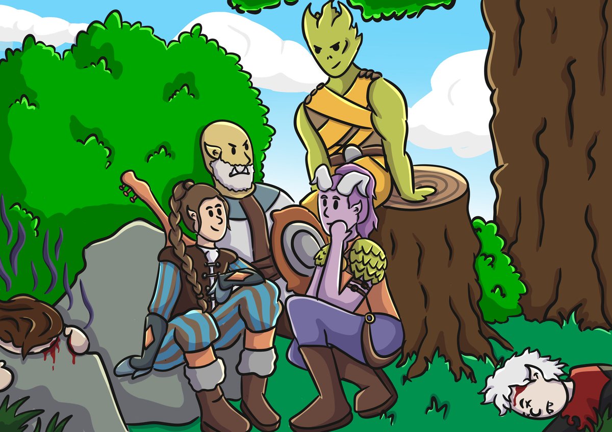 A lil drawing of last night’s episode of <a href="/BackPocketVids/">Back Pocket</a>, with their absolutely chaotic bg3 party