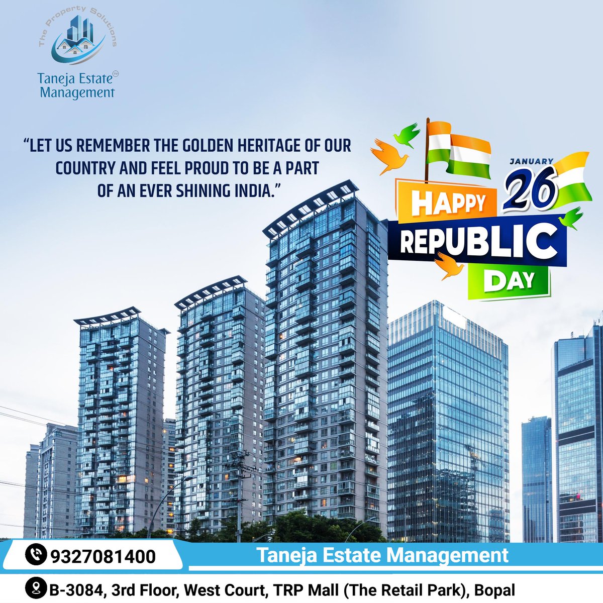 Happy Republic Day 🇮🇳

#RepublicDayIndia #RepublicDay #India #Ahmedabad #RealEstate #AhmedabadRealEstate #RahulTaneja #TanejaEstate #TanejaEstateManagement #RealEstateConsultant #Realtor