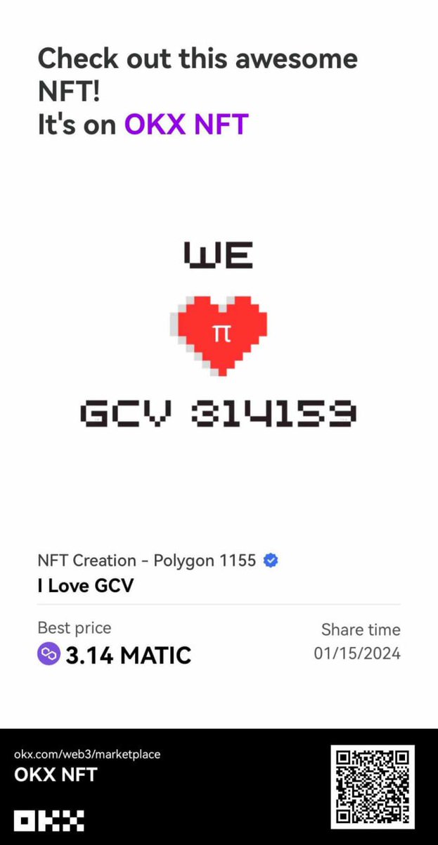 TPGNFT_app's tweet photo. "I Love GCV" NFT now available to show support for the Pi GCV Communities.

Name of NFT: I Love GCV

Price: 3.14 Matic Polygon

Supply: 8,888 (Total 314,159)

Blockchain: Polygon

Creator: CultureBets
Rarity: 3
Charisma: 10

Token Id: 967

Token Standard:
1155

Cc: @michael_ceo https://t.co/3D4QbolcmO
