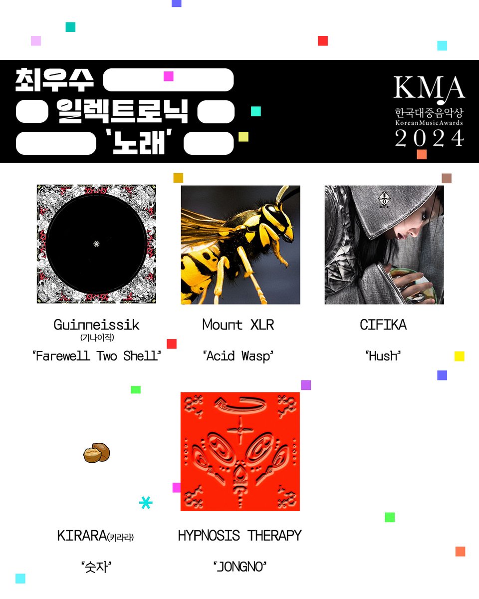 kmusicawards's tweet image. 🖤 2024 제21회 #한국대중음악상 장르 후보

💿🎵일렉트로닉
Guinneissik(기나이직)
NO.LINK
Mount XLR
CIFIKA
Yetsuby
옷옷(OTOT)
KIRARA(키라라)
HYPNOSIS THERAPY