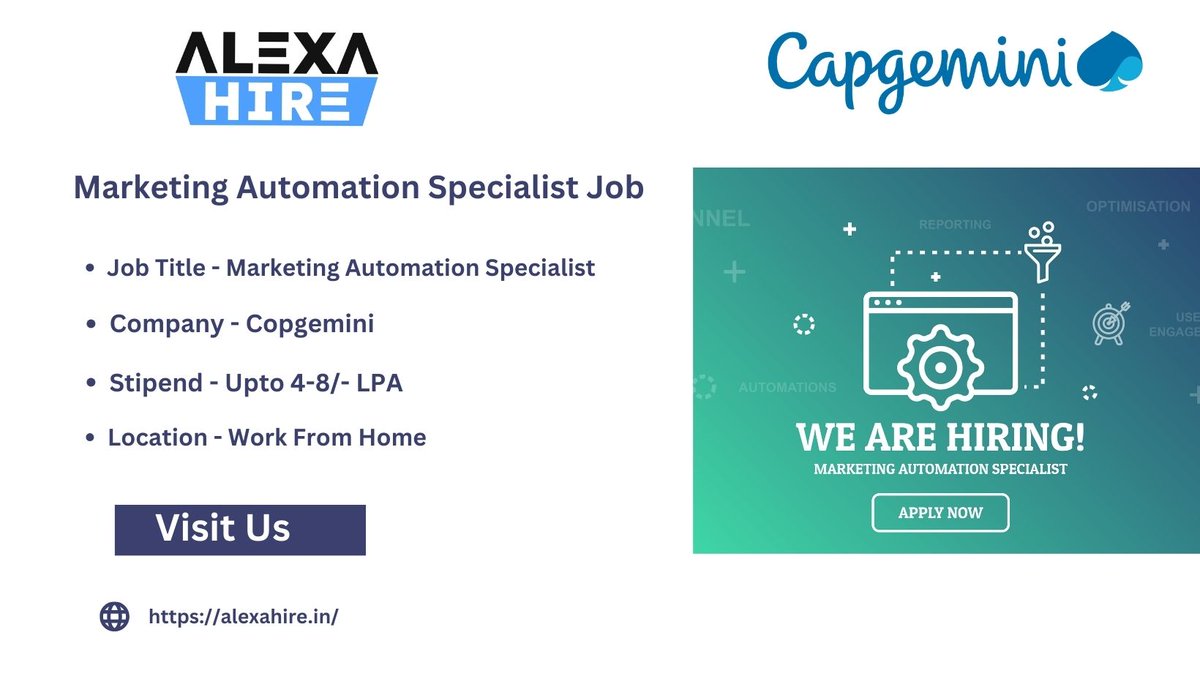 alexahirejob's tweet photo. Capgemini Hiring Marketing Automation Specialist| Apply Now
#ApplyNow - https://t.co/RdmyGVvrJ4
#workfromhome #jobforyou #jobforfreshers #jobforfresher #jobsearch #jobsearching #jobopportunity #jobopportunities #jobopening #jobopenings #jobalerts #jobavailable #jobfinder https://t.co/YxxSHV2nKW