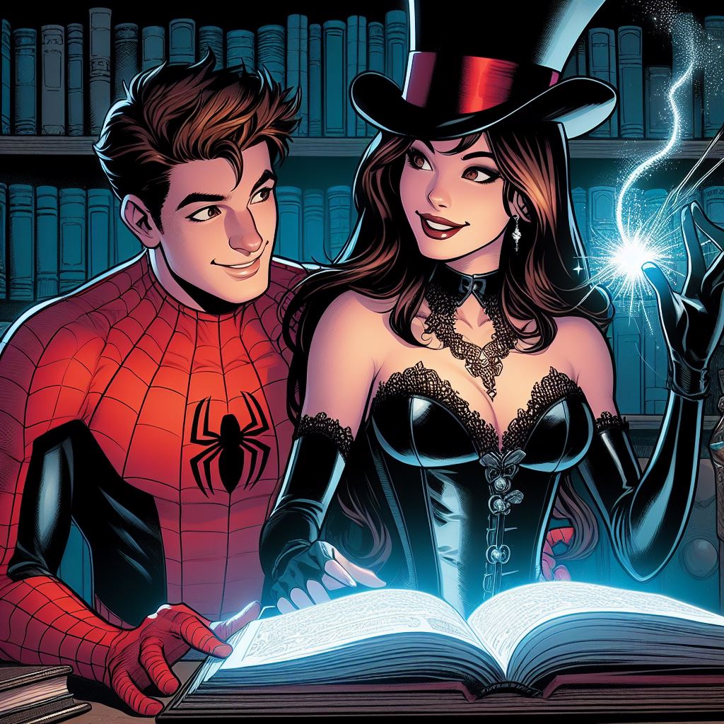 BlackJack89's tweet photo. In a crossover Peter and Zatanna are working a case, and each other OHHHHHHH! #SpiderMan #Zatanna #AiArtWork #DCcomcis #MarvelComics #MagicSpider https://t.co/seasw1RzaW