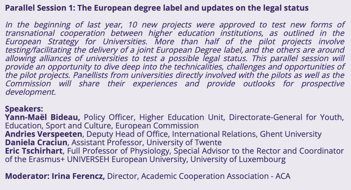 Postcard from Brussels! @_DanielaCraciun is at @ACASecretariat's flagship event 'What's new in Brussels?' discussing developments on the European degree label and legal status for university alliances, drawing on the experience of @ECIUniversities #ESEU.