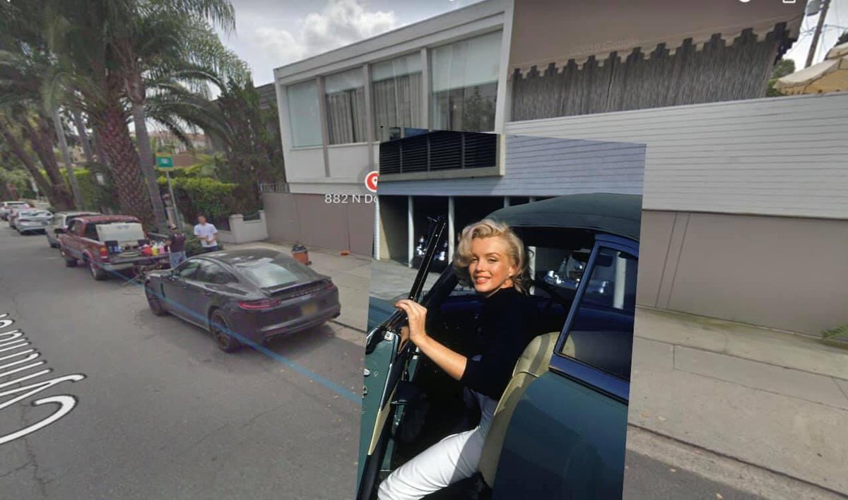 Marilyn Monroe pulling up to her apartment building at Doheny and Cynthia in West Hollywood in 1953. Miraculously the building is still stands today.