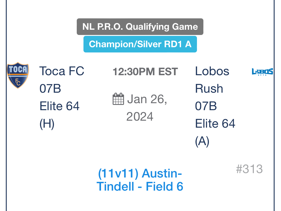 E64 Playoffs @ProScoreSoccer in Florida. Game- Friday, Jan 26 at 12:30 Austin Tindall Sports Complex #6 @tocafutbol #soccer