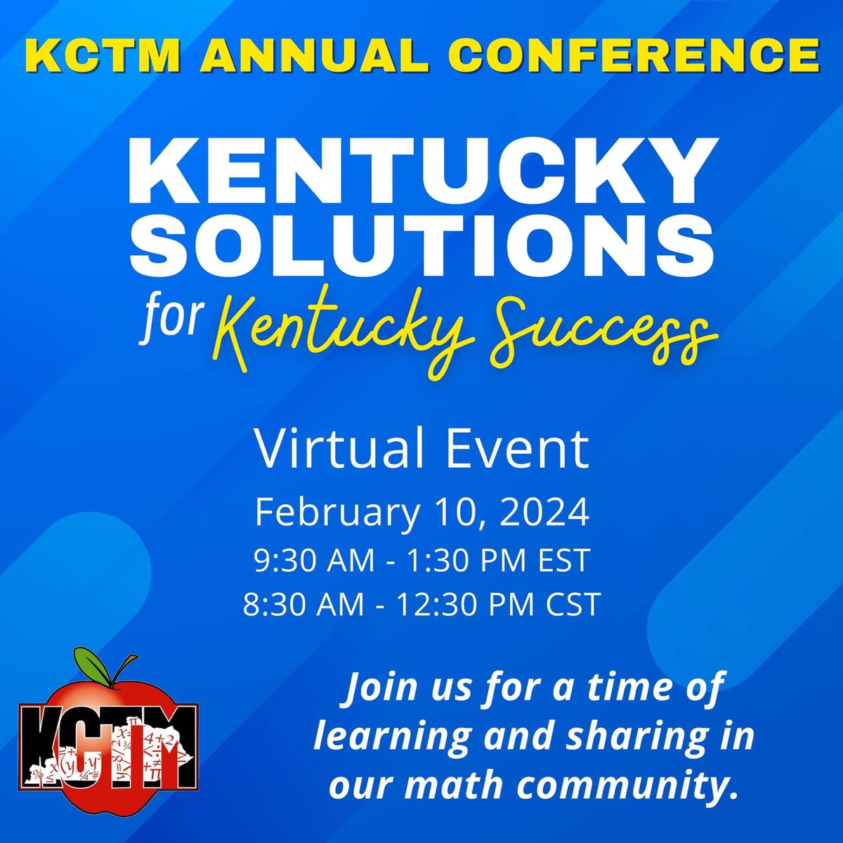 KCTMky's tweet photo. We are excited to invite you to attend the upcoming virtual KCTM Conference on February 10th!
Visit https://t.co/2S6lXnKmz5 to learn more about the conference, how you can register, and how you can submit a proposal to speak at the conference. #KyMath
#iTeachMath https://t.co/etOHAPfUUT