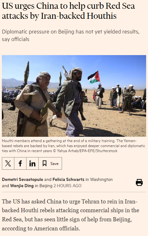 You've frankly got to marvel at the West's (utter lack of) strategy in the red sea.

The US and the UK managed to get their ships banned from the red sea passage after their bombing campaign.

Meanwhile China, unaffected by the ban, is quite logically redeploying its ships to