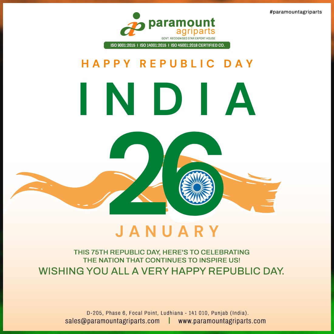 paramountagri's tweet photo. Dedicated to the greatness of the Indian Constitution and the unity and integrity of the country. Hearty congratulations and best wishes to all the countrymen on the 75th Republic Day.🇮🇳🇮🇳
#happyrepublicday #paramount #agriparts #tractorparts #towingparts #trailerparts https://t.co/BinvMJ026d