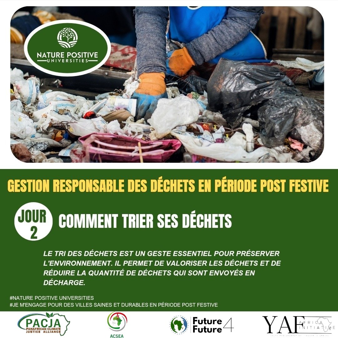Jour 2: Comment trier ses déchets ?
 Le tri des déchets est un geste essentiel pour préserver l'environnement. Il permet de valoriser les déchets et de réduire la quantité de déchets qui sont envoyés en décharge.
#Conscienceecocitoyenne
#NPU 
#Future4future
 #pothinadanvessi