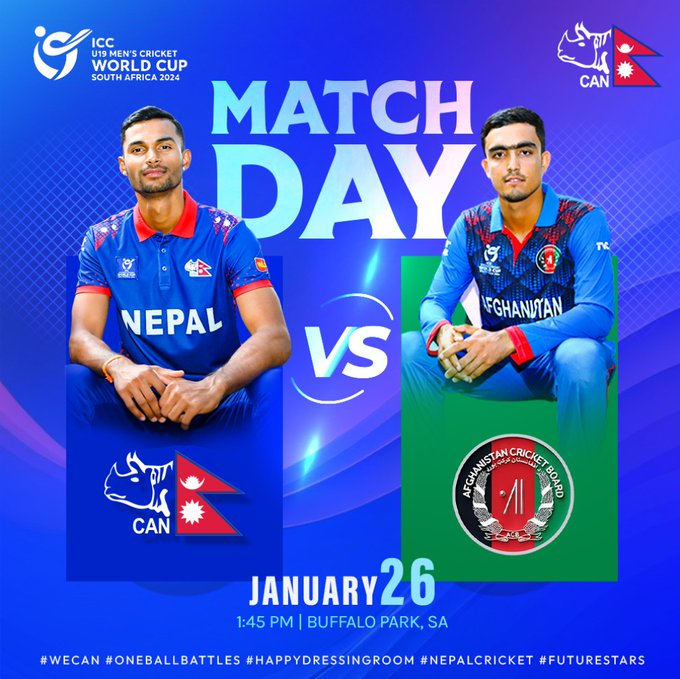 Huge day ahead! It's 𝗡𝗲𝗽𝗮𝗹 𝘃𝘀 𝗔𝗳𝗴𝗵𝗮𝗻𝗶𝘀𝘁𝗮𝗻 in the U19 Cricket World Cup showdown today. 
~ The victor punches their ticket to the Super Six stage. Brace yourself for an epic match! 🔥 

🇳🇵🆚🇦🇫

#U19Cricket  #NEPvAFG  #NEPvAFG #U19WorldCup