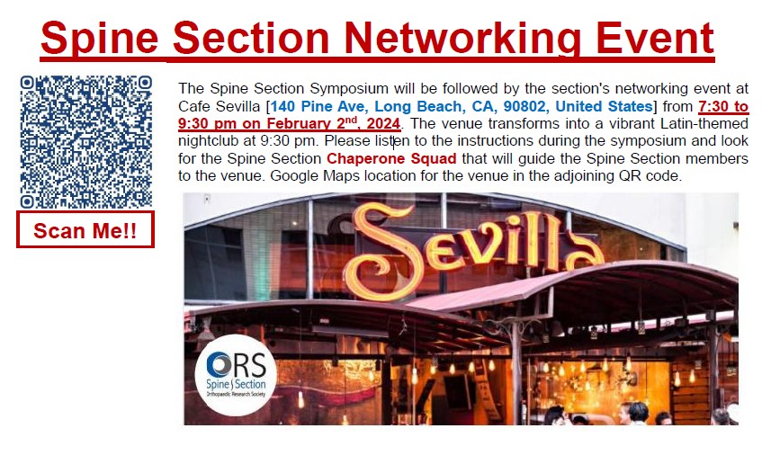 Mark your calendars for this exciting event after the Spine Section Symposium on February 2nd at the  <a href="/ORSsociety/">Orthopaedic Research Society</a> Annual Meeting 2024. Come out with your dance shoes (optional) and network with your fellow Spine Section members.