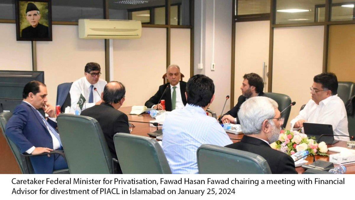 The Caretaker Federal Minister for Privatisation, Fawad Hasan Fawad chaired a meeting of the Privatisation Commission with the Financial Advisor for the divestment of PIACL on Thursday, 25th January, 2024. For details privatisation.gov.pk/NewsDetail/NDk… @GovtofPakistan @fawadhasanpk