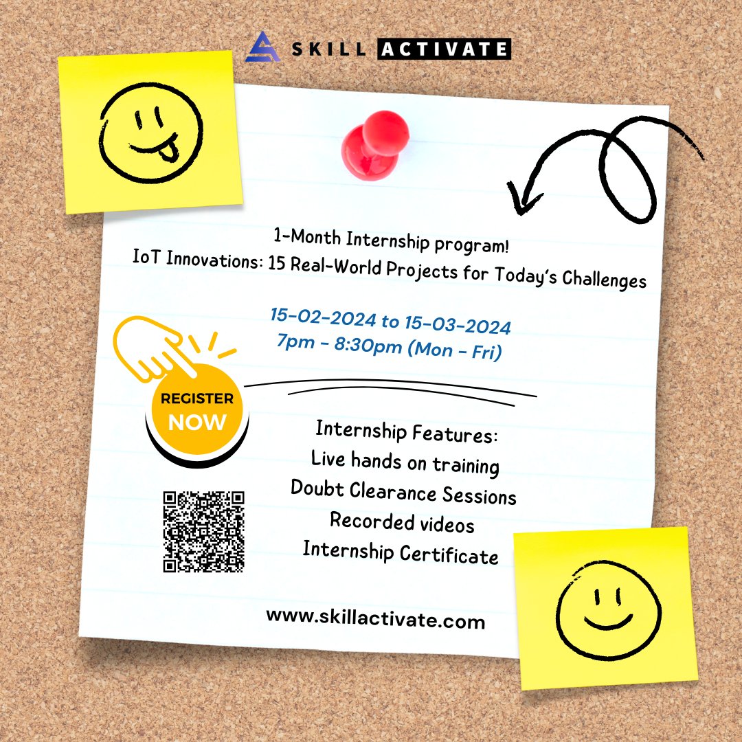 SkillActivate's tweet photo. One month online internship on IoT along with 15 real time hands on projects!! Attend the Internship, Learn new concepts and grab your certificate. Register Now https://t.co/h3AWxfolzl

#onlineinternship #internship2024 #trendingnow #Trendingtopic https://t.co/WVtS2139hy