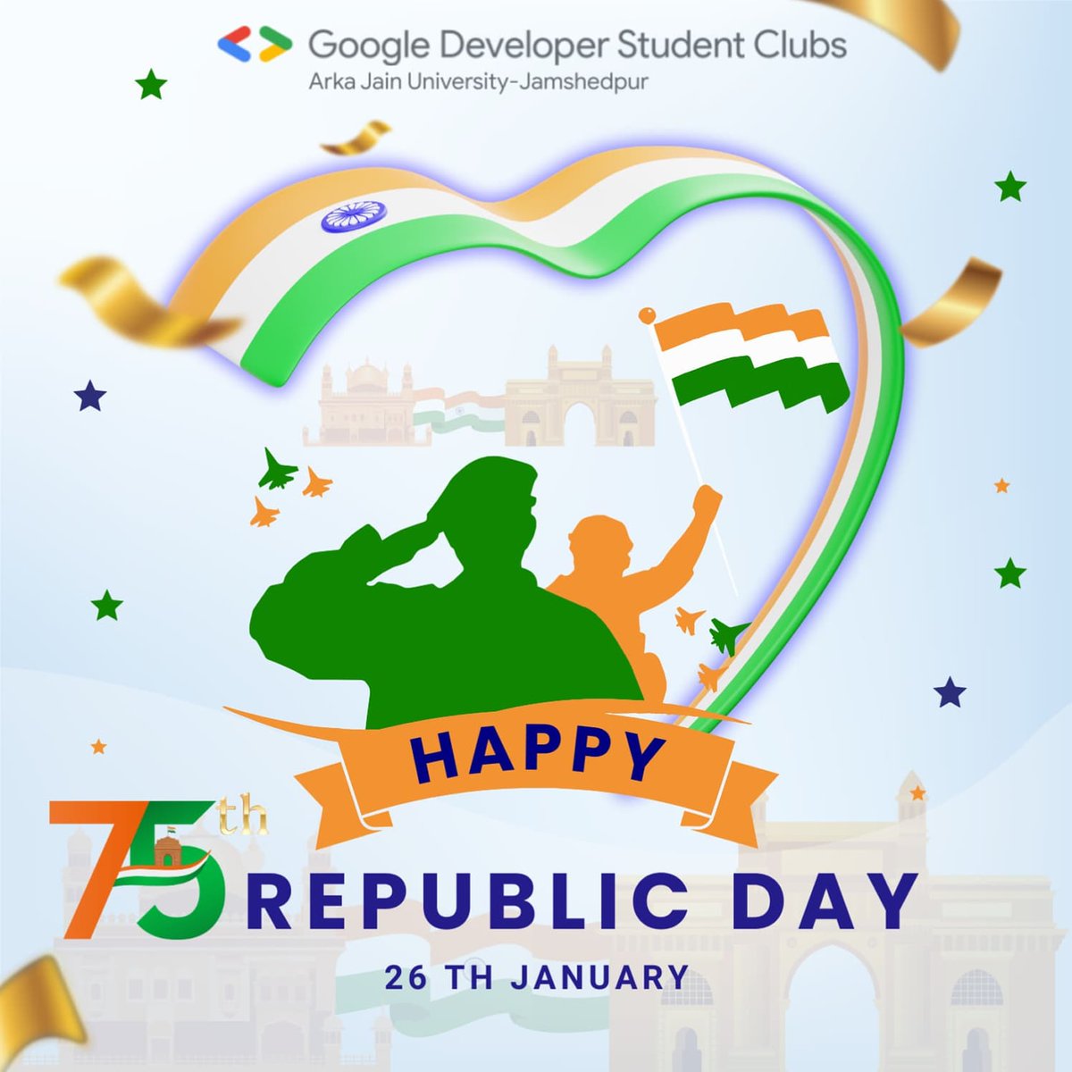 GoogleDSC_AJU's tweet photo. Happy 26th January from GDSC-AJU! 🇮🇳 Celebrating the vibrant spirit of India's Republic Day, where diversity unites us all. Let's cherish the values of democracy. Together, let's forge ahead towards a future filled with innovation, progress, and unity. #RepublicDay2024 #GDSCAJU https://t.co/KsKkWBmybP