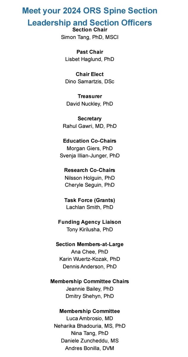 Meet your incoming 2024 <a href="/ORSsociety/">Orthopaedic Research Society</a> Spine Section Leadership and Officers. Please reach out to them to network and explore ways to be more involved with the section.

ors.org/ors-spine-sect…
